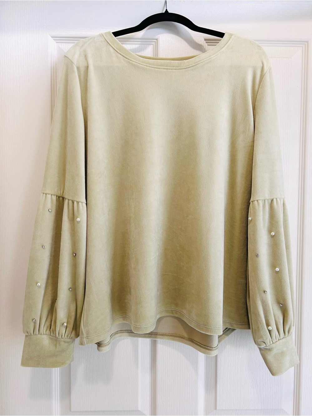 Cato Sage Pearl-Accent Balloon Sleeve Velvet-like top